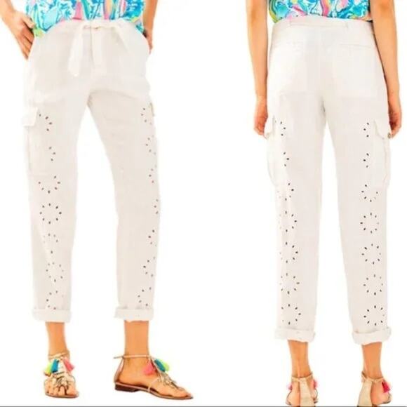 Lilly Pulitzer Ziva White Linen Eyelet Tie Waist Cargo Pants Size 0 - Picture 1 of 5